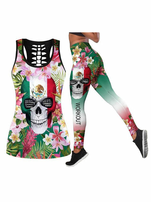 Floral Printed Breathable Hollowed Vest&Leggings Sports Suits