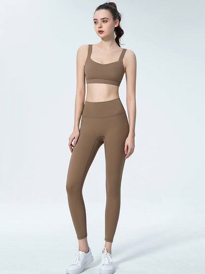 Spaghetti-Neck Skinny Leg Wrap Hollow Solid Color Bra&Leggings Suits