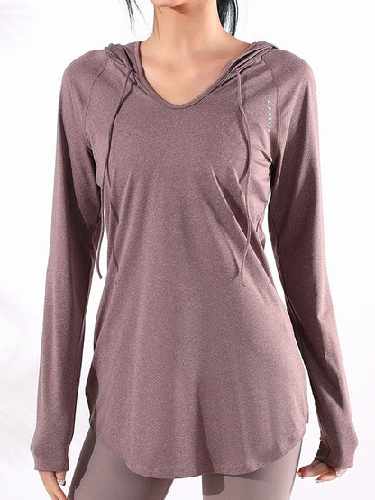 Long Sleeves Loose Yoga Tops Hooded Solid Color V-Neck Tee