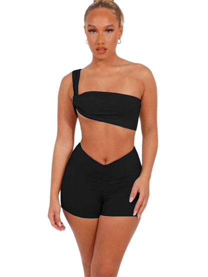 Skinny Wrap Hollow Bra&Shorts Solid Color One-Shoulder Suits