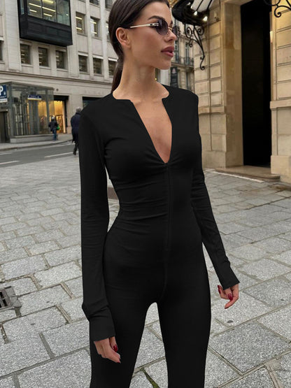 Skinny Wrap Solid Color Zipper Round-Neck Jumpsuits