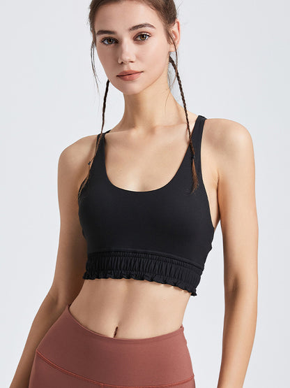 Wrap Falbala Hollow Ruffled Solid Color U-Neck Sports Bra