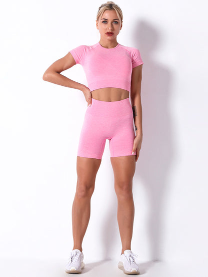 Solid Color Short Sleeve Slim High-Waisted Shorts Yoga Suit