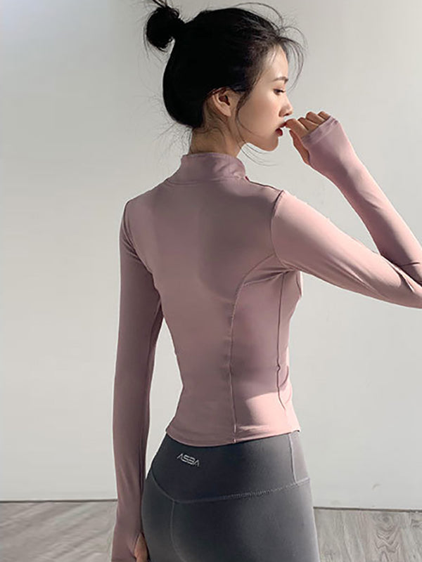 Long Sleeves Skinny Solid Color Zipper Stand Collar Yoga Tops