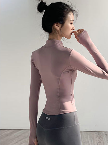 Long Sleeves Skinny Solid Color Zipper Stand Collar Yoga Tops