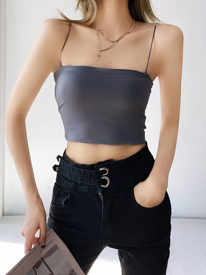 Solid Color Bandeau Flexible Spaghetti-Neck Short Navel Tank