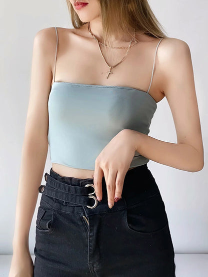 Solid Color Bandeau Flexible Spaghetti-Neck Short Navel Tank