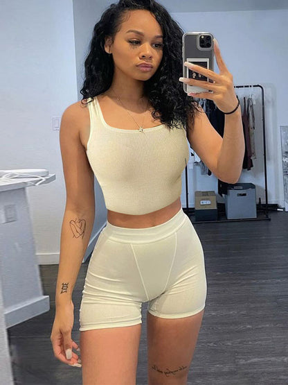 Skinny Wrap Sports Bra&Shorts Solid Color Spaghetti-Neck Suits