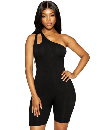 Hollow Solid Color Skinny Wrap One-Shoulder Rompers