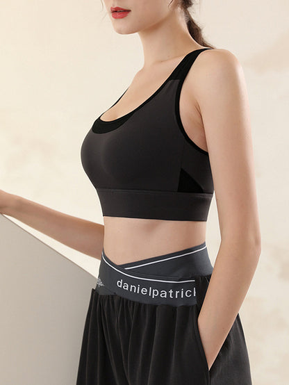 Color-Block Hollow Printed Wrap Spaghetti-Neck Sports Bra