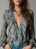 Printed Ruffled Zip-Front Chiffon Blouse – Mist Blue Snake Floral