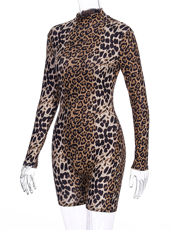 Long Sleeves Leopard Tiger Skin Pattern Zipper High-Neck Rompers