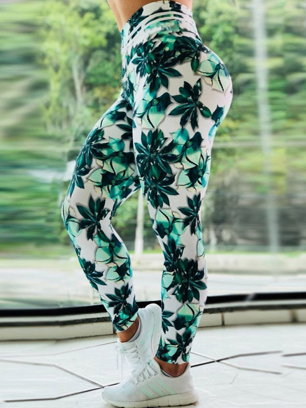 Skinny Leg Wrap Leaf&Floral Printed High-Waisted Leggings