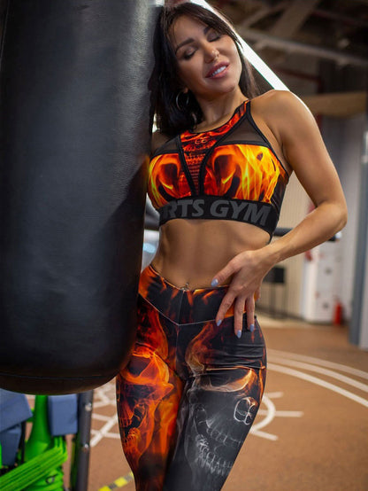 Fashion Flame Print Mesh Split-Joint Bra&Leggings Sports Suits