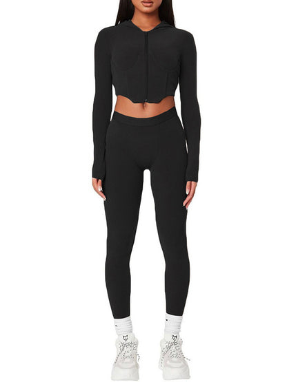 Cropped Solid Color Hoodies&Leggings Wrap Casual Suits