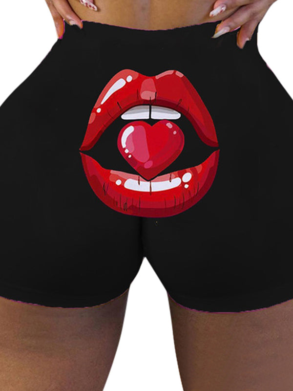 Red Lip Print High-Waisted Hip Lift Sports Shorts