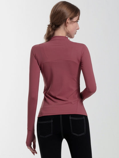 Long Sleeves Skinny Pockets Solid Color Zipper Yoga Tops