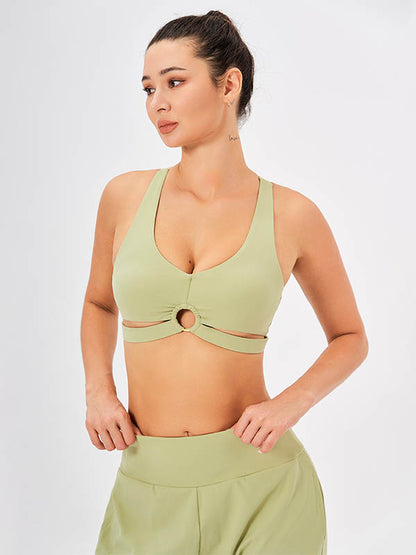 Back Cross Hollow Solid Color Wrap Deep V-Neck Sports Bra