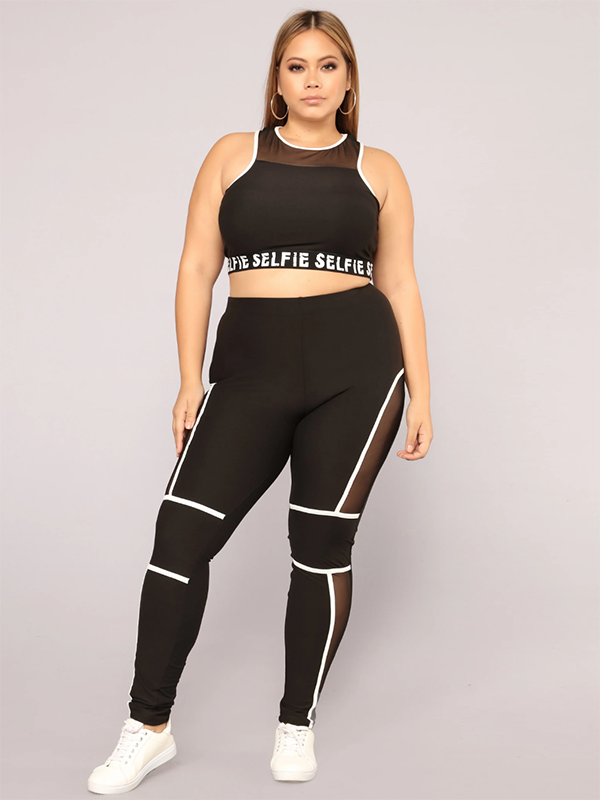 Plus Size Color-Block Letter Print Mesh Split-Joint Round-Neck Bra&Leggings Suits