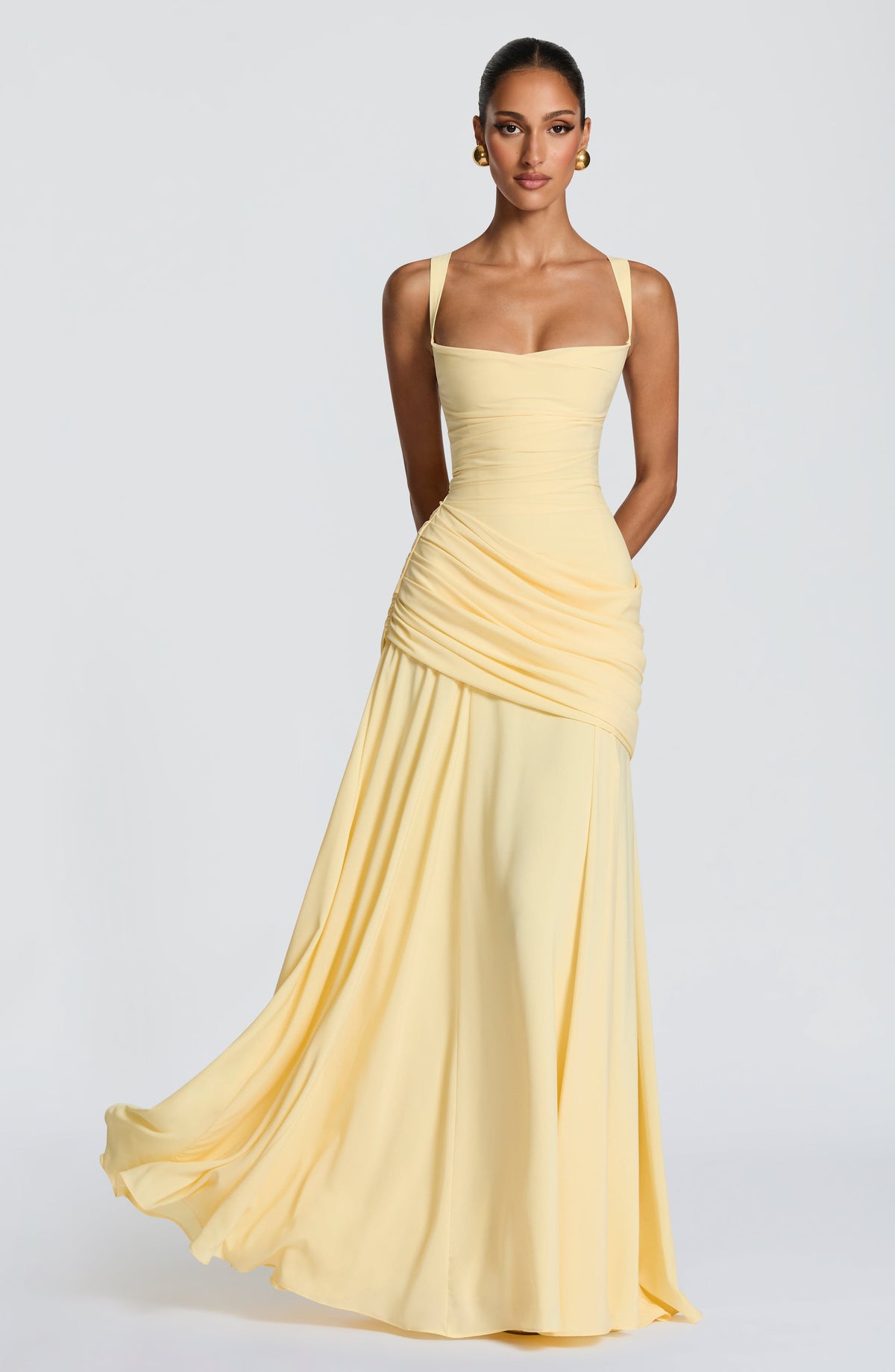 Square-Neck Ruched-Waist Maxi Dress