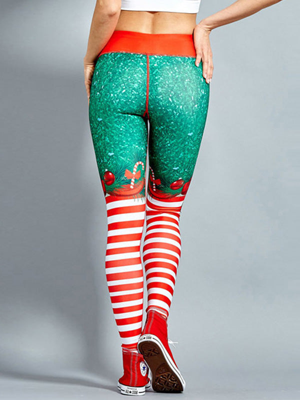 Christmas&Bowknot Print Breathable Wrap Sports Leggings