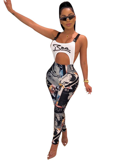 Sexy Cutout Printed Graffiti Backless Jumpsuits