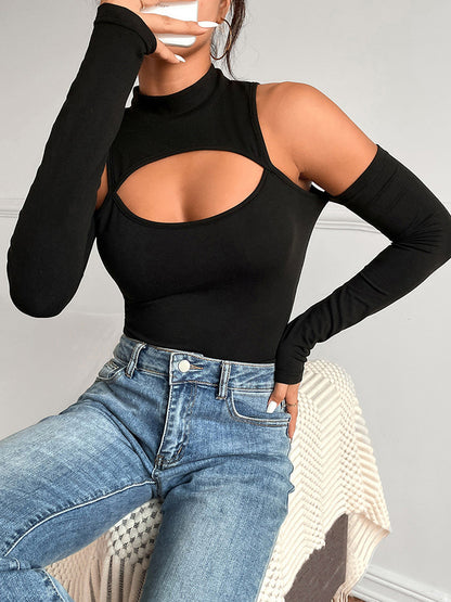 Irregular Cutout Long Sleeve Off Shoulder Bodysuit