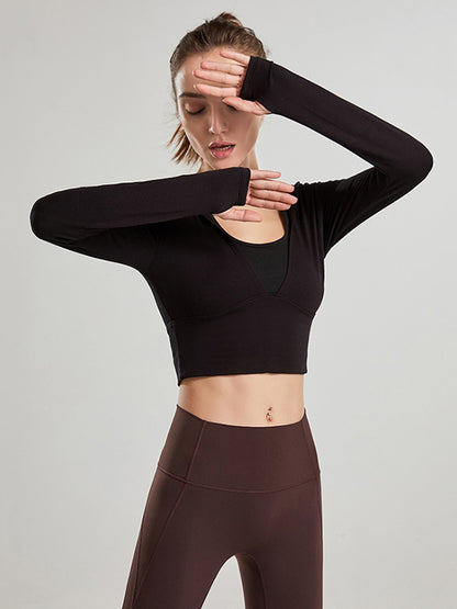 Cropped Long Sleeves Hooded Solid Color Split-Joint U-Neck Yoga Tops