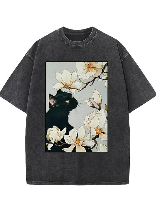 Cat Under Magnolia Blossoms Washed T-shirt
