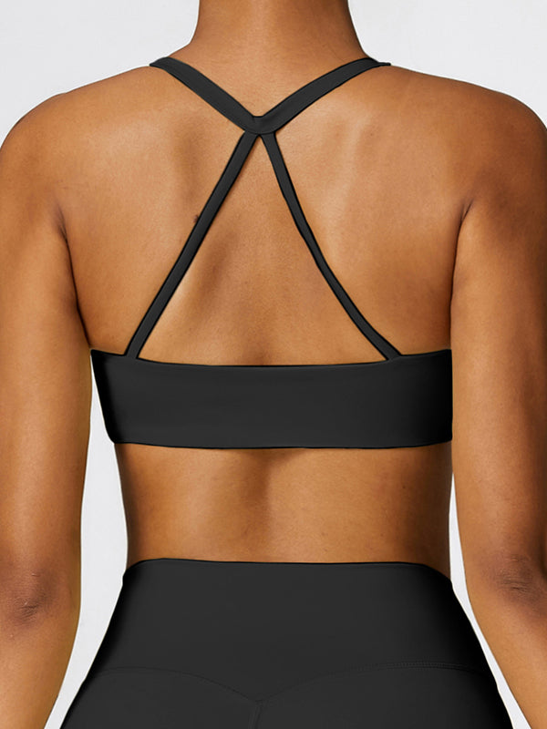 Skinny Wrap Hollow Solid Color Spaghetti-Neck Sports Bra