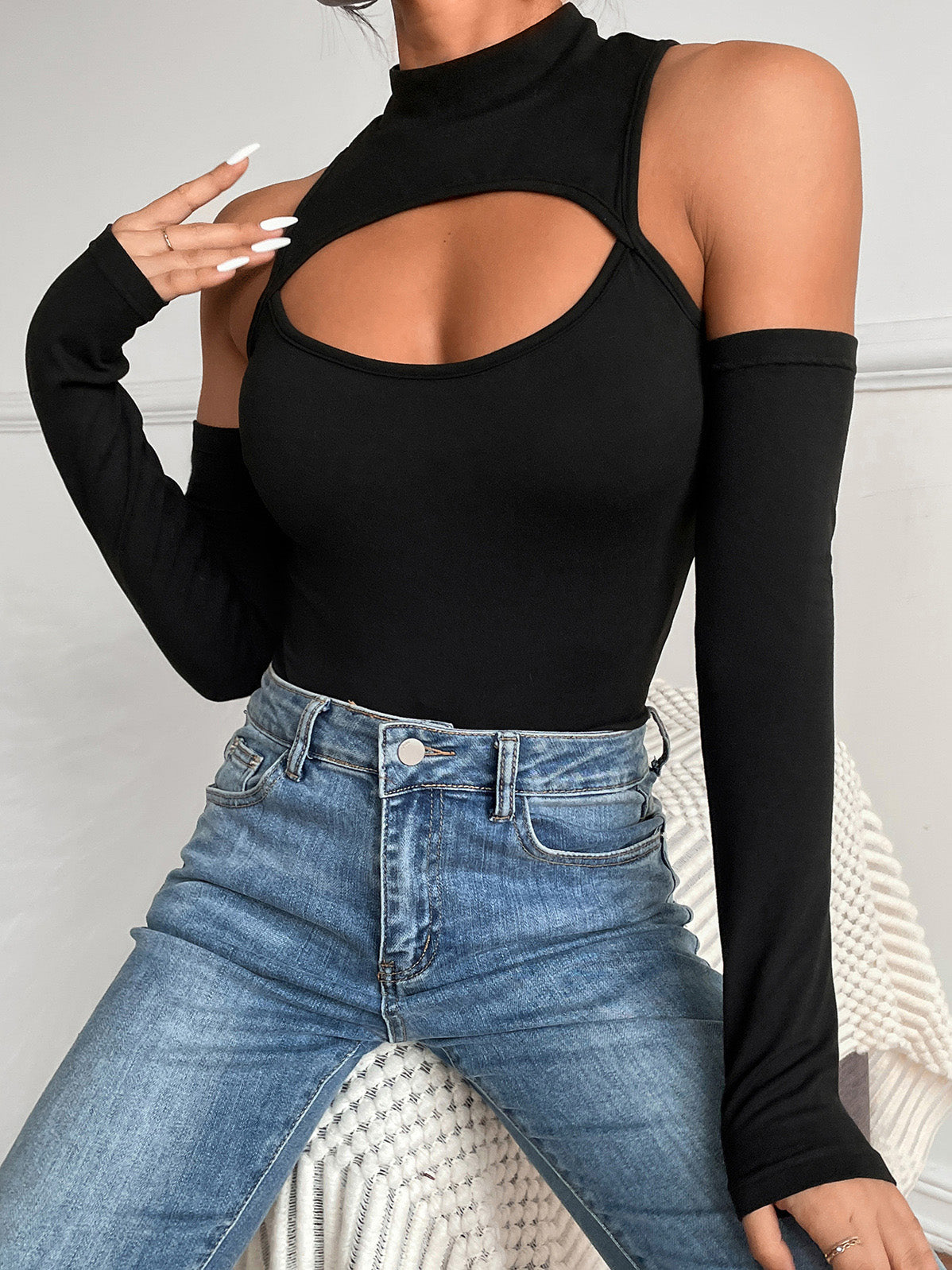 Irregular Cutout Long Sleeve Off Shoulder Bodysuit