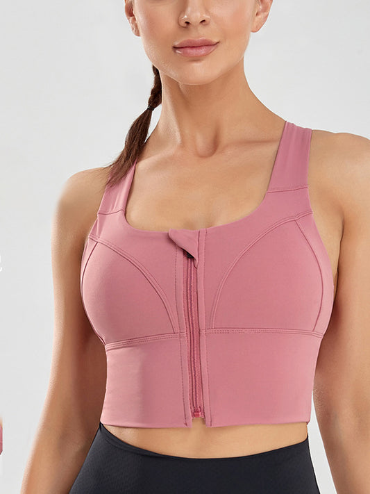 Wrap Back Cross Solid Color Zipper Spaghetti-Neck Sports Bra