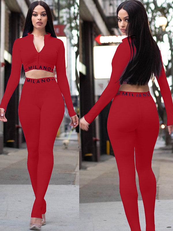 Solid Color Sexy Tight Zipper Midriff-Baring Sports Suit