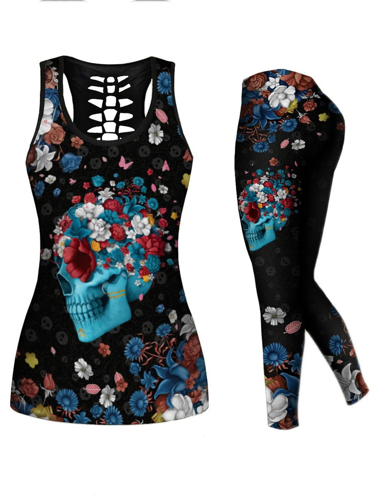 Skull Printed Hollowed Vest&Leggings Sports Suits