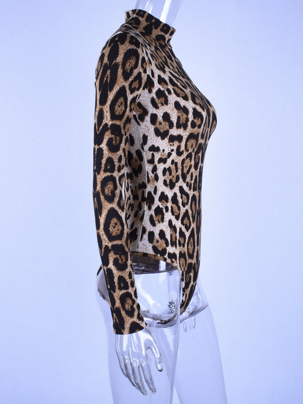 Long Sleeves Wrap Leopard High-Neck Bodysuits