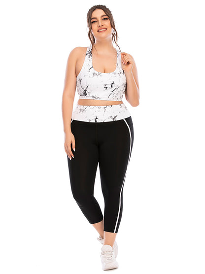 Plus Size Color-Block High-Waisted Hollow Printed Spaghetti-Neck Bra&Leggings Suits