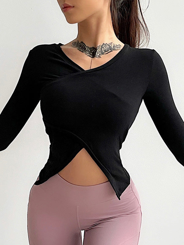 Quick-Drying Long Sleeve Plain Cropped Yoga T-Shirt Top