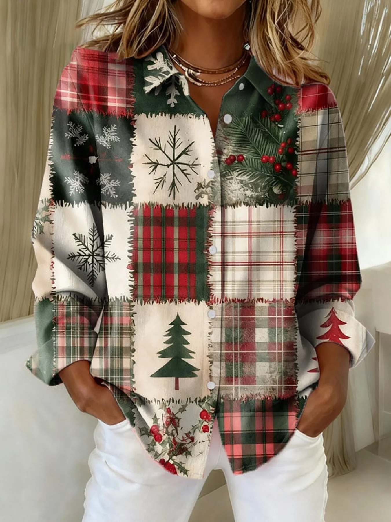 Women's Vintage Christmas Patchwork Art Print Casual Cotton Shirt