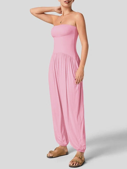 Loose Sleeveless Pleated Pockets Solid Color Tube Jumpsuits