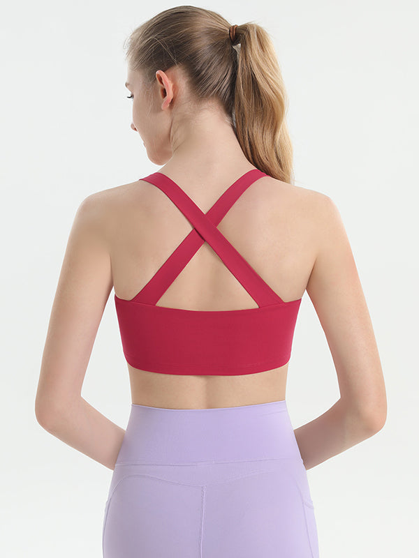 Skinny Wrap Back Cross Hollow Solid Color V-Neck Sports Bra