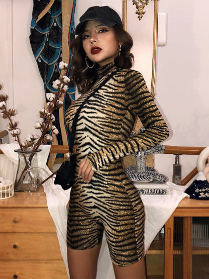 Long Sleeves Leopard Tiger Skin Pattern Zipper High-Neck Rompers