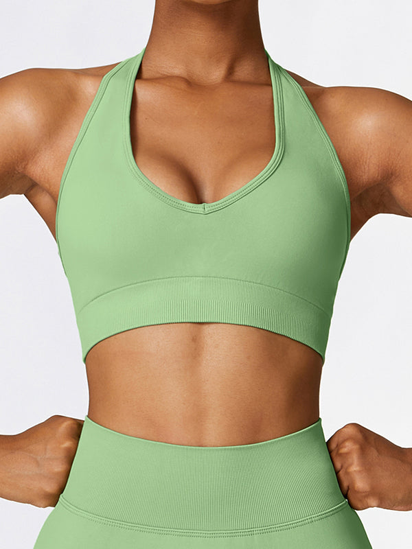 Skinny Wrap Backless Solid Color Halter-Neck Sports Bra