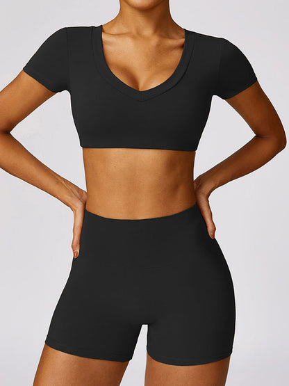 Long Sleeves Wrap Solid Color V-Neck Yoga Tops