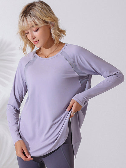 Long Sleeves Loose Hollow Solid Color Round-Neck Yoga Tops