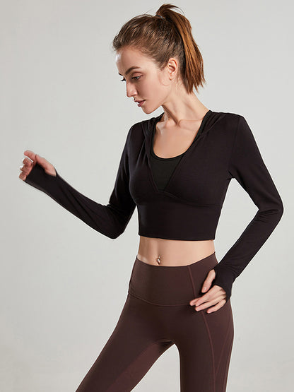 Cropped Long Sleeves Hooded Solid Color Split-Joint U-Neck Yoga Tops