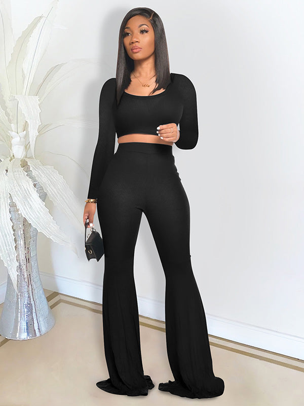 Leisure Solid Color Long Sleeve Top High-Waisted Flared Pants Sports Suit