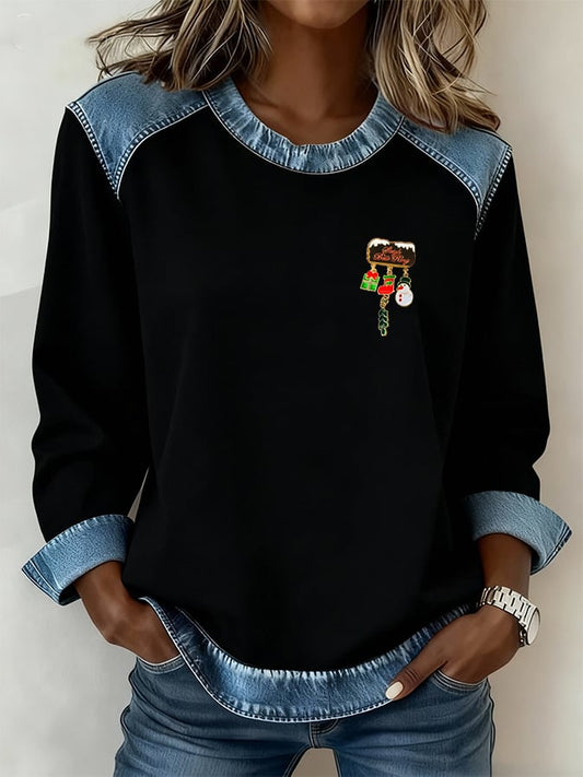 Women'S Casual Patchwork Christmas Brooch Pullover Top (Detachable Brooch)