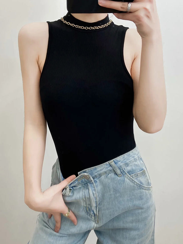 Sleeveless Wrap Solid Color High-Neck Bodysuits