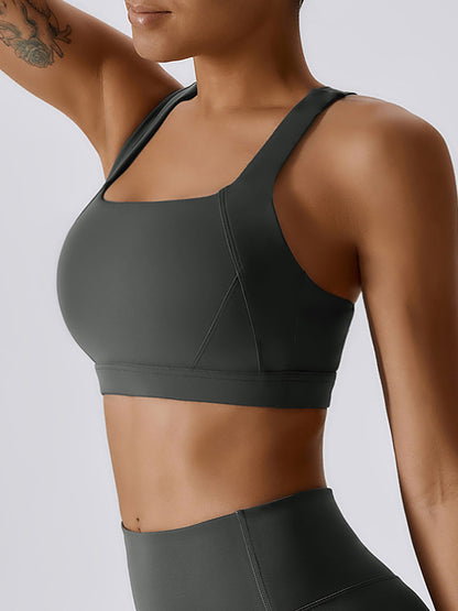 Skinny Wrap Back Cross Hollow Solid Color Square-Neck Sports Bra