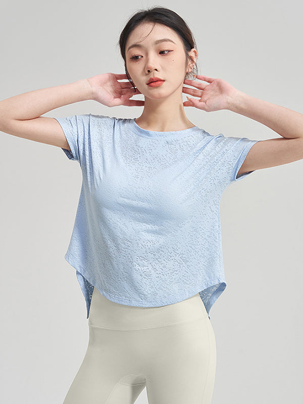 Loose Cover-Ups Tops Solid Color T-Shirts Split-Back Tee Split-Joint Round-Neck Yoga Tops